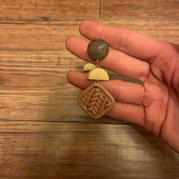 Brown and Salmon Geometric Artisan Earrings - Picture 2 of 4